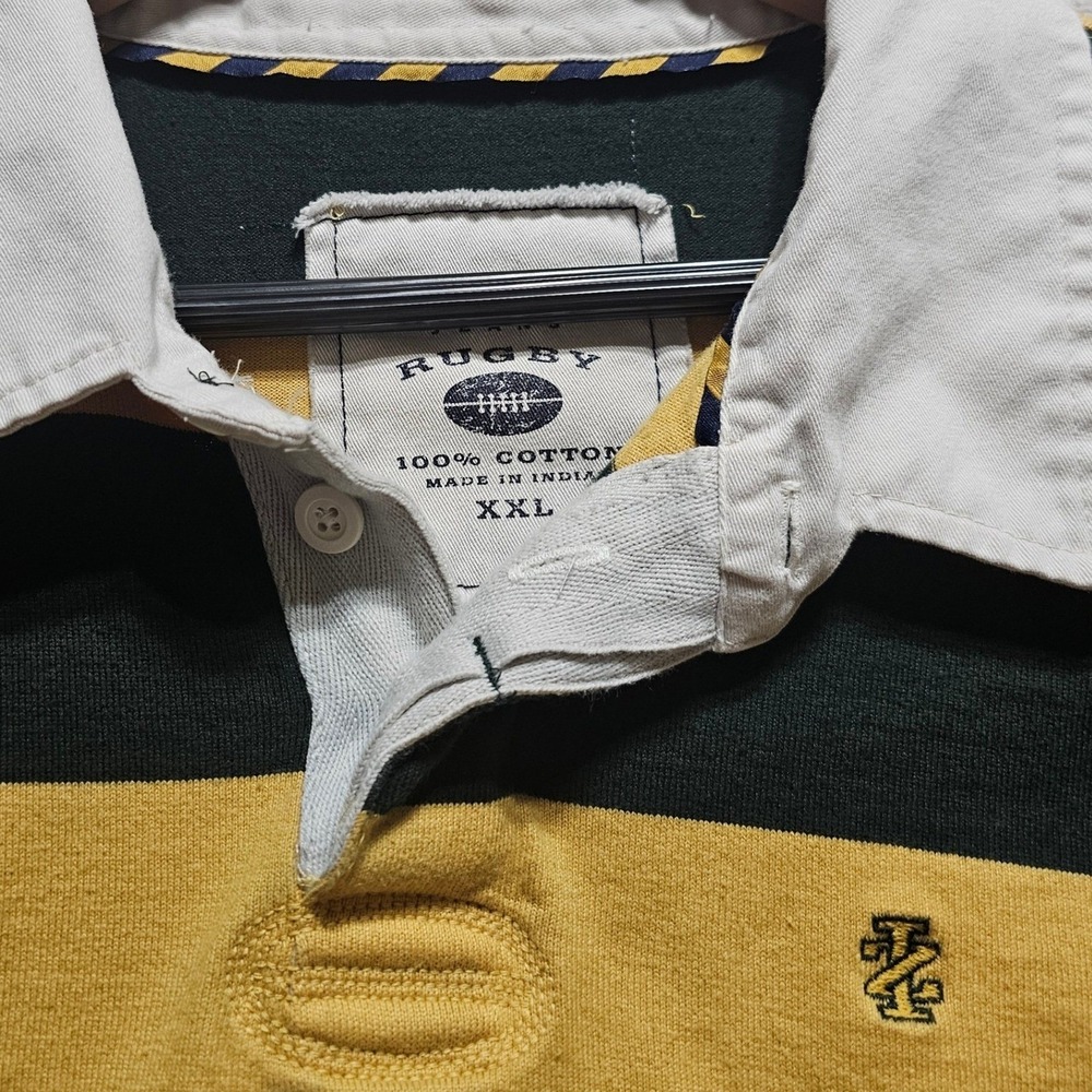 IZOD Mens Rugby Shirt XXL Long Sleeve Striped Green Yellow Cotton Heavyweight - Picture 15 of 15